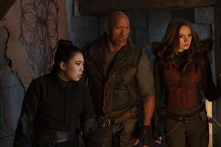 Awkwafina as Ming, Dwayne Johnson as Eddie and Karen Gillan as Martha in scene from 