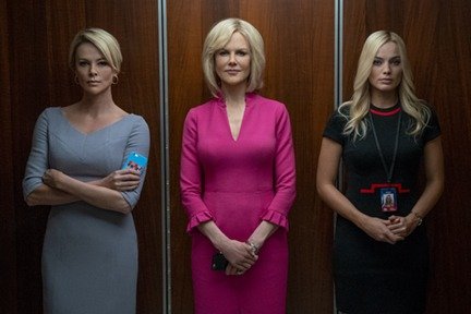 Charlize Theron as Megyn Kelly, Nicole Kidman as Gretchen Carlson and Margot Robbie as Kayla Pospisil in a scene from 